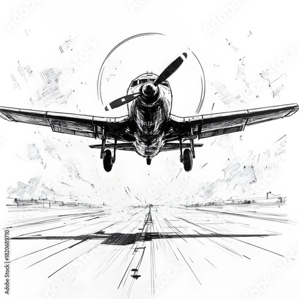Fototapeta Soaring Above: A vintage aircraft ascends from the runway, propeller blurring, set against a dramatic sky.