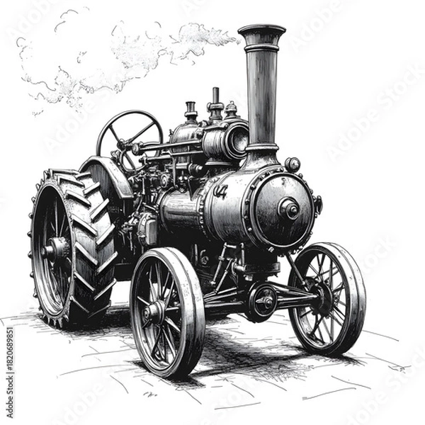 Fototapeta Vintage Steam Tractor: A detailed illustration of a vintage steam tractor, showcasing the intricate mechanics and robust design of agricultural machinery from a bygone era. 