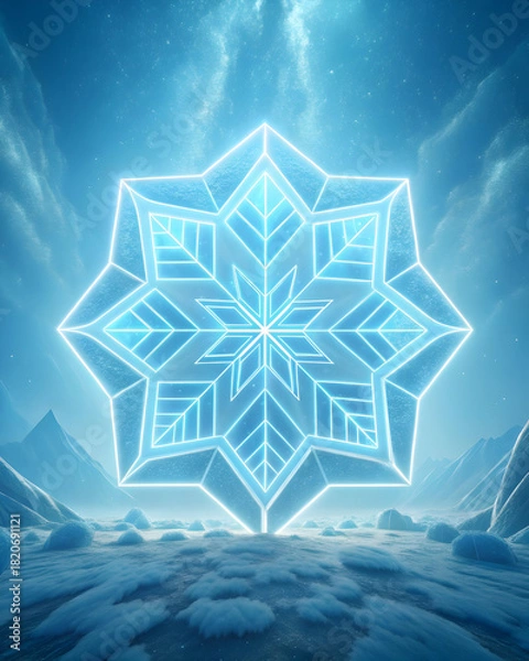 Fototapeta Luminous blue geometric snowflake crystal floating above icy landscape with distant mountains and cloudy sky full hd 4k stock image download