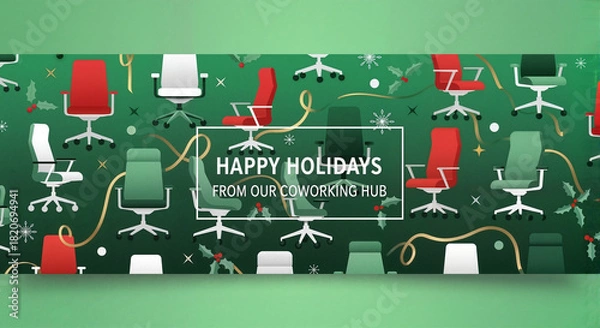 Fototapeta Holiday-themed workspace with colorful chairs and festive decorations  