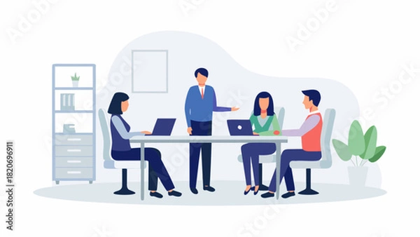 Fototapeta Diverse team collaborates in a modern office meeting room discussing ideas and working on laptops around a conference table