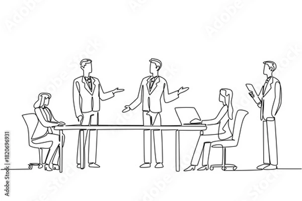 Obraz Single line draw of a business meeting with three men standing and speaking, two women seated at a table, and one man standing with a tablet, representing discussion and teamwork. Boardroom Leadership