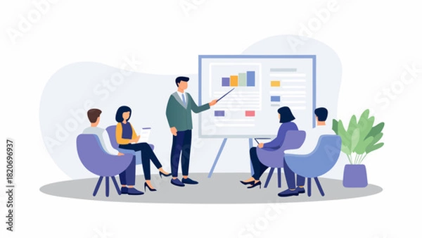 Fototapeta Business presentation with a speaker at a whiteboard and an attentive audience seated in chairs illustrating a meeting or training session