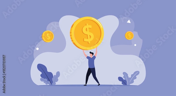 Obraz A successful man is holding a giant golden dollar coin over his head to symbolize financial success and wealth in this illustration.