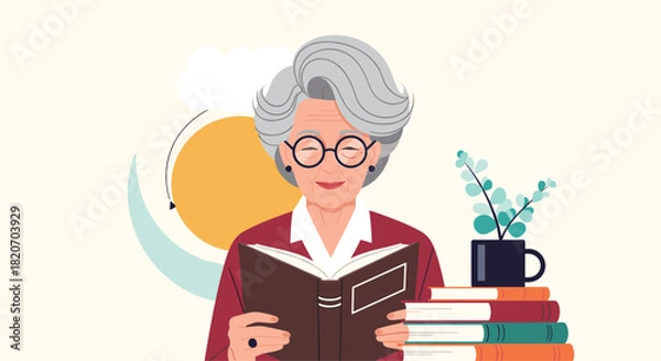 Obraz A happy elderly woman with glasses enjoys her retirement by reading a book with a stack of more books beside her in a peaceful illustration.