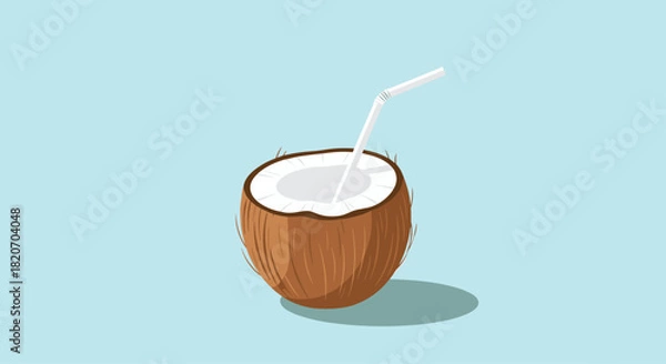 Obraz A fresh half coconut with a white drinking straw is ready to be enjoyed as a refreshing tropical drink in this summer illustration.