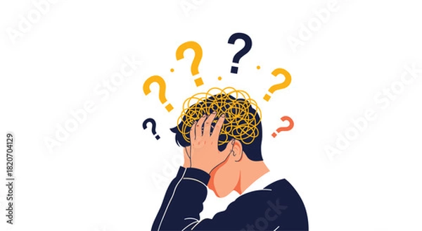 Obraz A person is holding their head in frustration with a tangled mess of thoughts and floating question marks symbolizing confusion and anxiety.