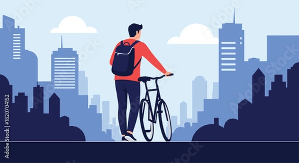 Obraz A man with a backpack stands with his bicycle and looks out over a vast modern city skyline in a thoughtful blue-toned illustration.