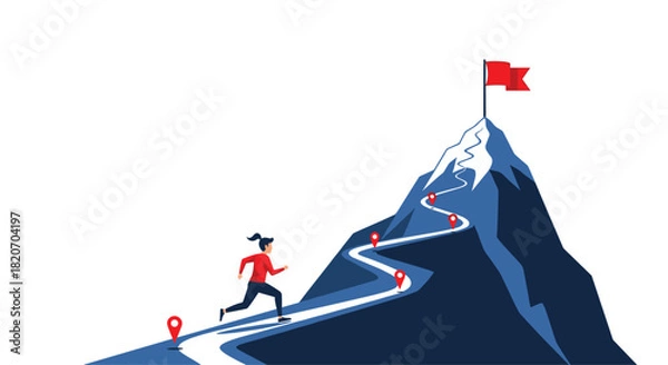 Obraz A determined woman runs up a winding path on a mountain towards a red flag at the summit symbolizing achieving goals and success.