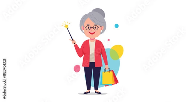 Obraz Happy elderly woman with grey hair and glasses holding colorful shopping bags and a magic wand to represent smart shopping deals.