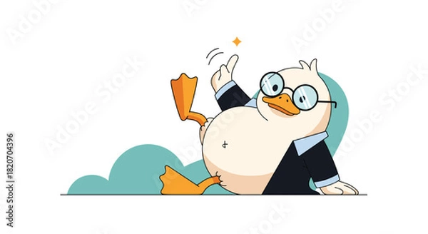 Obraz Clever cartoon duck character wearing a business suit and glasses sits on the ground and snaps its fingers with a great idea.