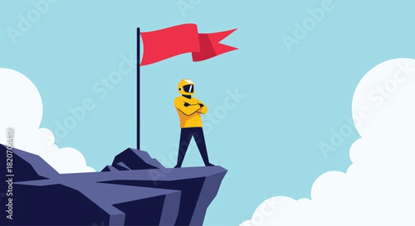 Obraz Victorious person in a helmet stands proudly on a mountain cliff summit with a red flag symbolizing success and achievement.