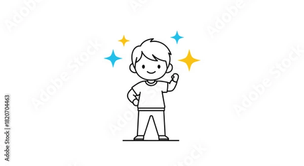 Obraz Confident young boy in a simple black and white line art style illustration posing proudly with colorful sparkles around him.