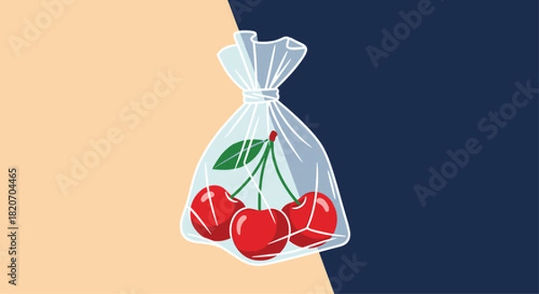 Obraz Vector illustration of three fresh red cherries with green leaves packaged in a transparent plastic bag against a split background.