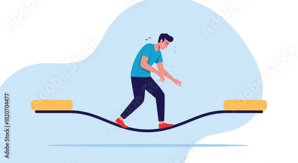 Obraz Anxious and sweaty man carefully trying to maintain his balance while walking on an unstable wavy line representing risk and uncertainty.