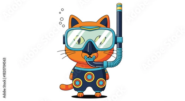 Obraz Cute cartoon ginger cat character is ready for a summer vacation wearing a snorkel mask and swim trunks for a diving adventure.