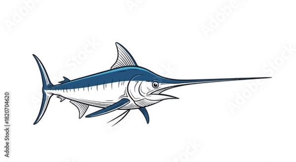 Obraz Realistic and detailed illustration of a large blue marlin or swordfish with a long bill swimming in a dynamic side view pose.
