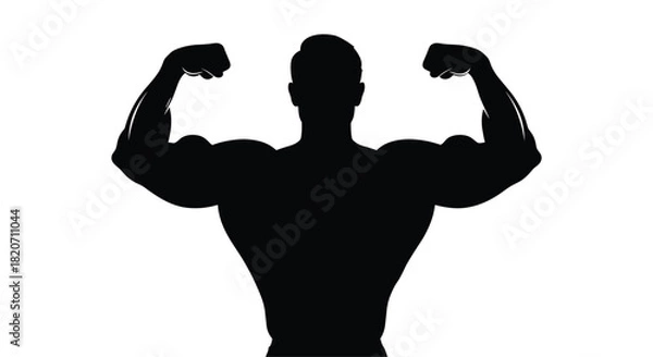 Fototapeta Powerful muscular man flexing strong biceps in silhouette against white background health and fitness concepts strength training goals body building, Generative AI.