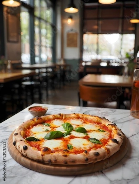 Fototapeta Authentic Neapolitan Pizza with Fresh Basil and Mozzarella on Marble Table