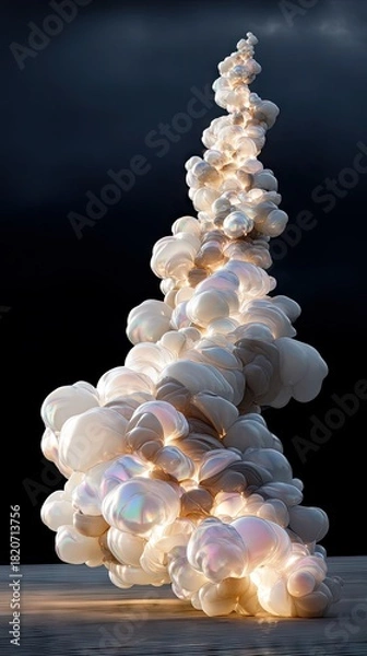 Fototapeta An abstract, swirling cloud-like formation with iridescent highlights rises dramatically against a dark, moody background. The textured, bulbous shapes are illu