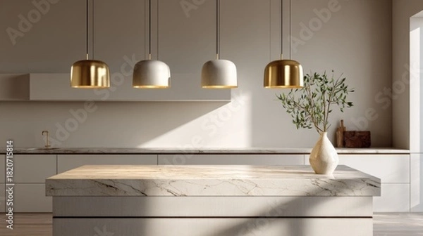 Obraz Modern kitchen island with marble countertop and four mixed brass and white pendant lights