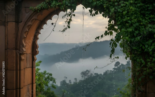 Obraz Monsoon Stone Arch Backdrop Over Misty Indian Valley with Emerald Vines and Rainlight Romance