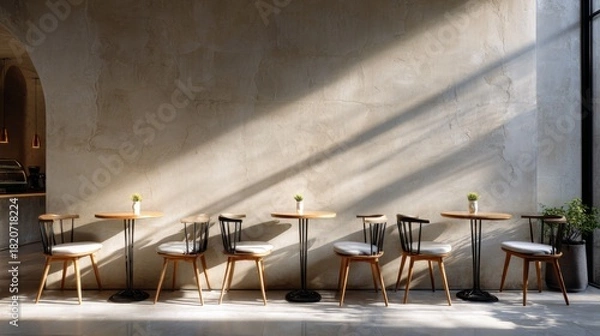 Obraz Minimalist cafe seating arrangement with wooden chairs against a textured concrete wall