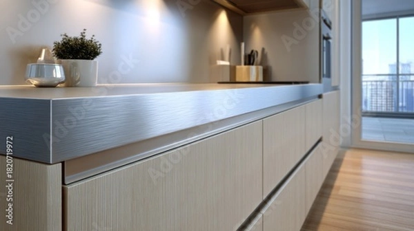 Fototapeta Modern kitchen countertop with stainless steel surface and light wood cabinets near balcony
