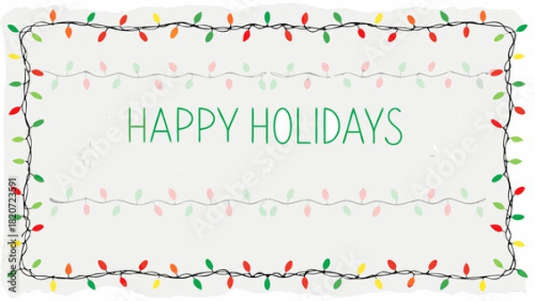 Fototapeta Festive holiday lights frame a cheerful happy holidays message on a light gray background perfect for seasonal greetings