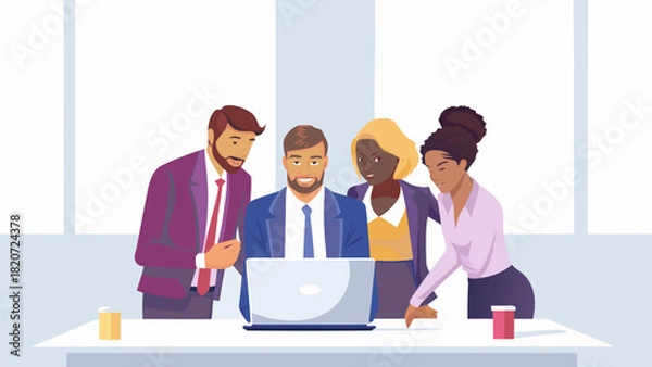 Fototapeta Diverse group of professionals collaborating around a laptop in a modern office setting discussing ideas and working together