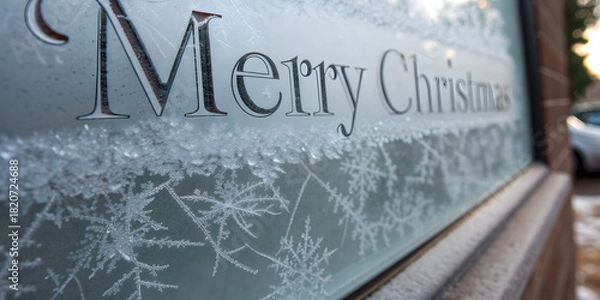 Obraz Christmas background image featuring frosted window with etched Merry Christmas message and intricate ice-crystal patterns illuminated beautifully.
