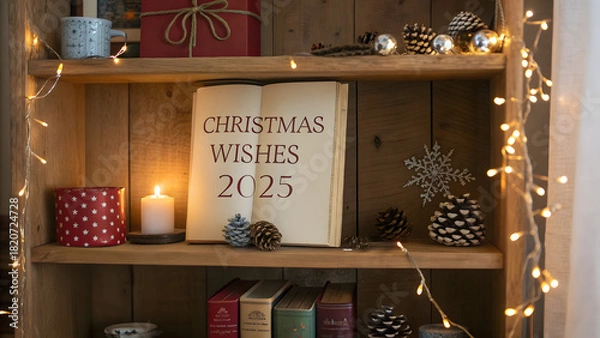 Obraz Christmas background image showing cozy wooden bookshelf with books, candle, pinecones, fairy lights, and Christmas Wishes 2025 message.
