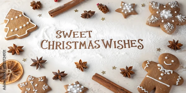 Obraz Christmas background image showing gingerbread cookies, spices, dried oranges, and centered Sweet Christmas Wishes text on white surface.
