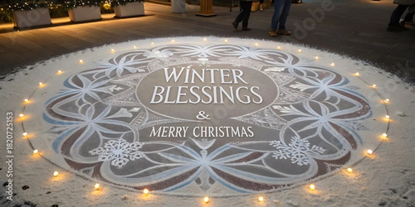 Obraz Christmas background image featuring circular snowflake floor design with candles, elegant Winter Blessings text, and nighttime festive ambiance.
