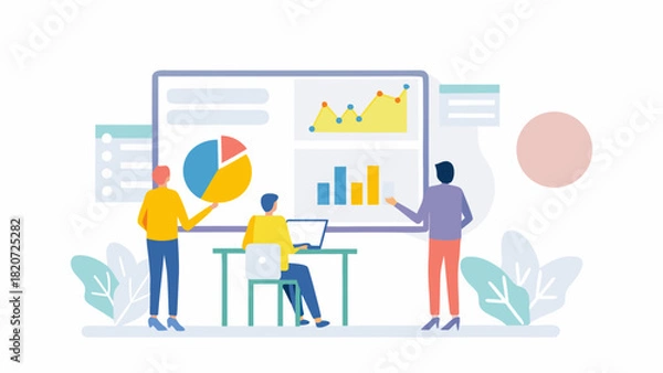 Obraz Business meeting with data analysis and charts presented on a large screen by a team of professionals