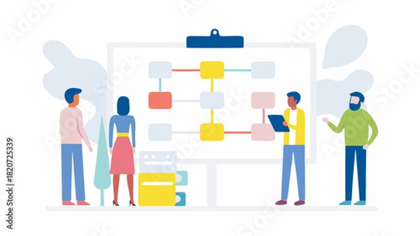 Fototapeta Diverse team collaborates on a colorful flowchart presented on a whiteboard during a business meeting