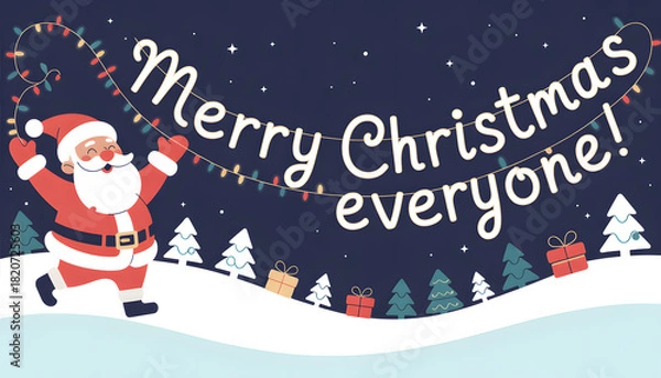 Obraz Christmas background image displaying flat vector Santa carrying colorful lights arching above Merry Christmas everyone text on snowy hill.
