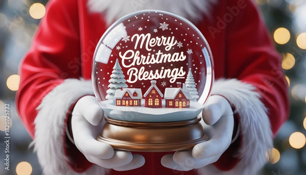 Obraz Christmas background image showing Santa gently holding crystal snow globe displaying miniature snowy village with Merry Christmas Blessings script.