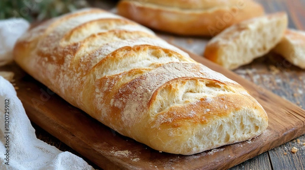 Obraz Artisanal Loaf of Golden Crusty Bread on a Wooden Board A Rustic Bakery Delight