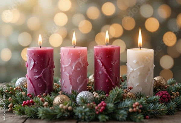 Fototapeta Four Advent candles with Christmas decorations isolated on blur bokeh background. 3d rendering.