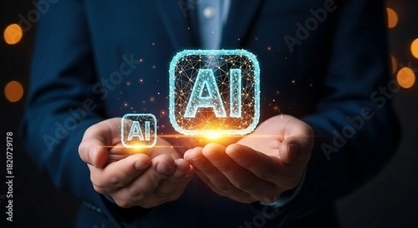 Fototapeta Businessman holding glowing AI icon in hands representing artificial intelligence technology.