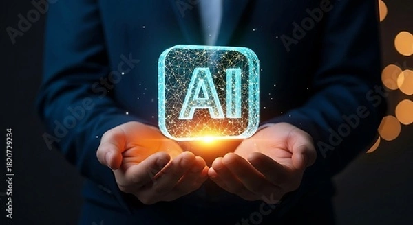 Fototapeta Businessman holding a glowing AI icon, symbolizing artificial intelligence and future technology.