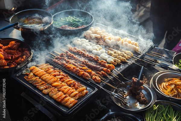 Obraz Captivating street food display featuring an array of grilled meats and simmering delicacies under
