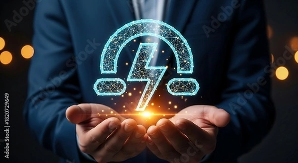 Fototapeta Businessman holding a glowing lightning bolt icon representing energy and power.