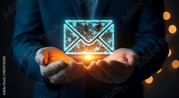 Fototapeta Businessman holding a glowing digital email icon, symbolizing communication and technology in a dark setting.