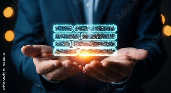 Fototapeta Businessman holding a glowing digital data stack representing blockchain technology and data security.