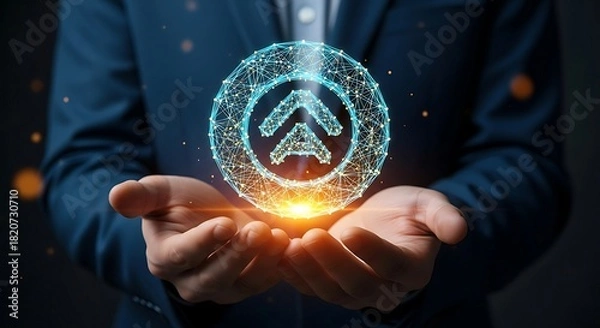 Fototapeta Businessman holding a glowing digital arrow symbol in a sphere, representing growth and innovation.
