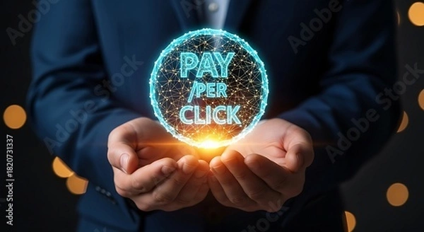Fototapeta Businessman holding a glowing sphere with PAY PER CLICK text, symbolizing digital marketing and online advertising strategies.
