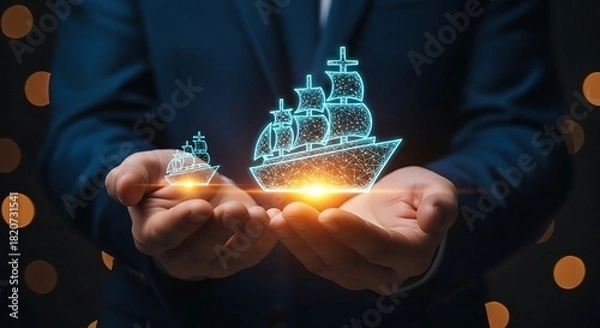 Fototapeta Businessman holding a glowing digital ship, symbolizing innovation and future technology in maritime transport.