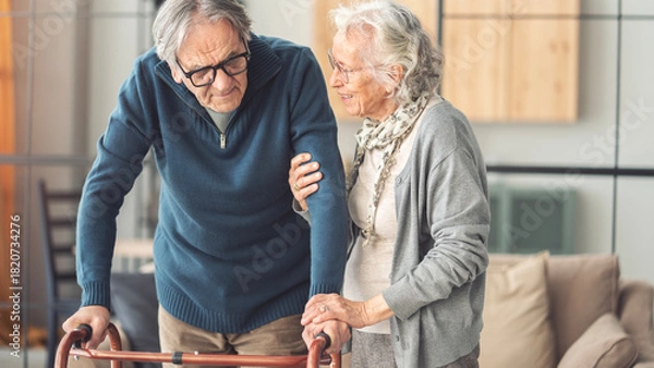 Fototapeta An elderly couple helps each other while using a walking frame
